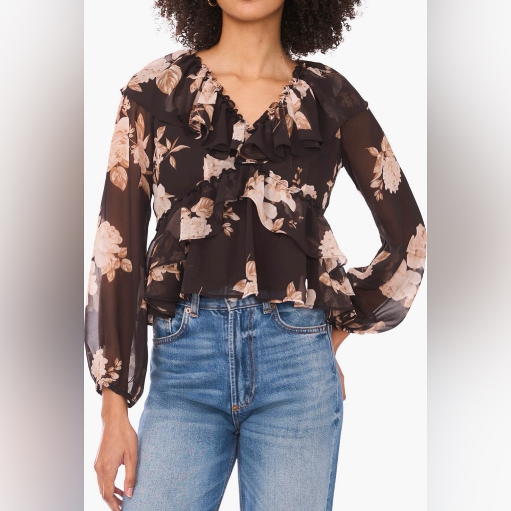 Parker Floral Ruffle Long Sleeve Crop Top Peasant Blouse - Brown/Blush NWT 16